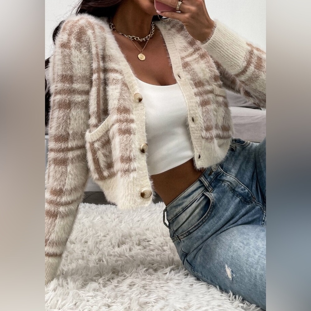 SHEIN plaid knit fluffy cardigan